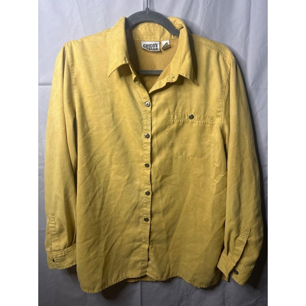 Vintage Chico's Size 1 Yellow Suede-Feel Button Down Blouse Soft Luxe